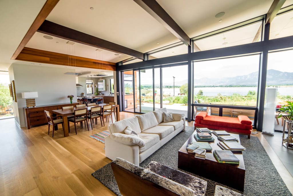 Lakeview open floorplan living room and kitchen with view of mountains