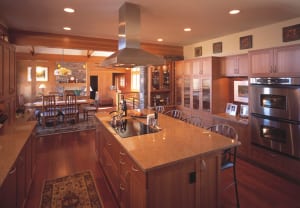 Ranch kitchen with custom cabinets and Brazilian cherry wood flooring