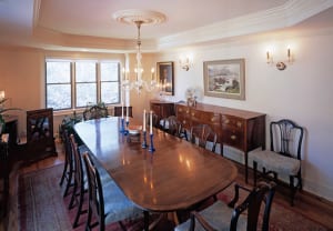 Remodeled dining room with intricate crown molding