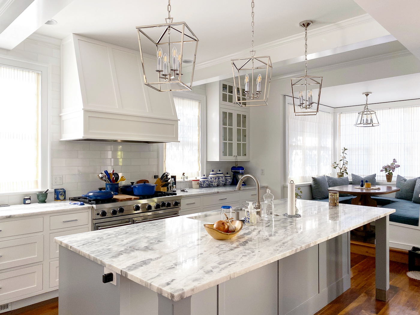 Remodeled kitchen with large kitchen island and breakfast nook